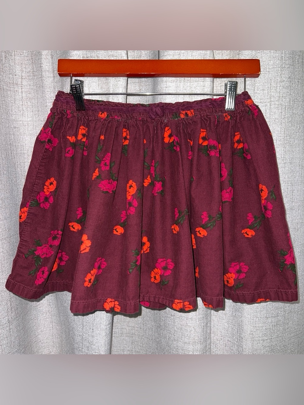 Lands' End Burgundy/Maroon Floral Skirt with Pink & Orange Blooms - Size M
